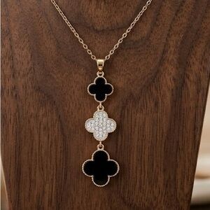 New Gold Pendant Necklace with Black and White Clover Accents